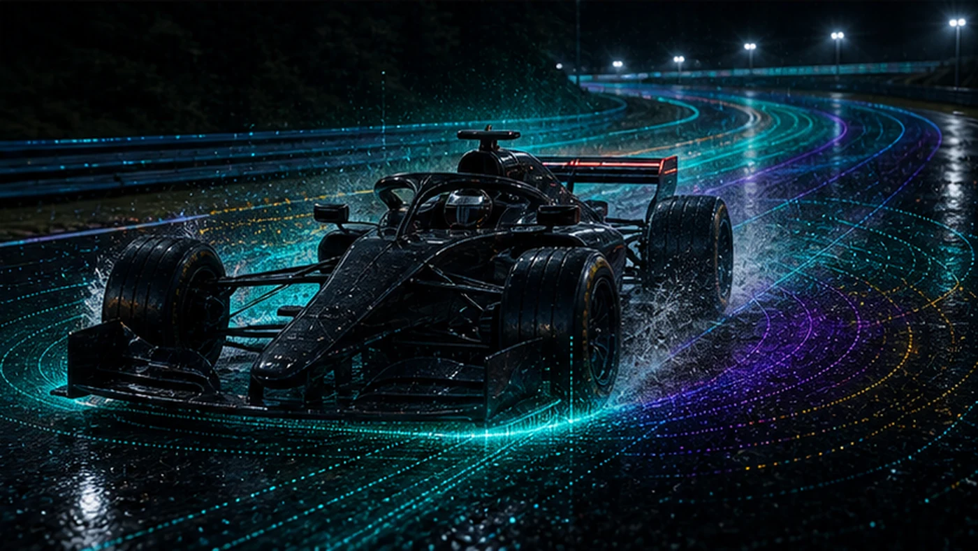Open-wheel autonomous race vehicle surrounded by AI decision fields on a wet night track.