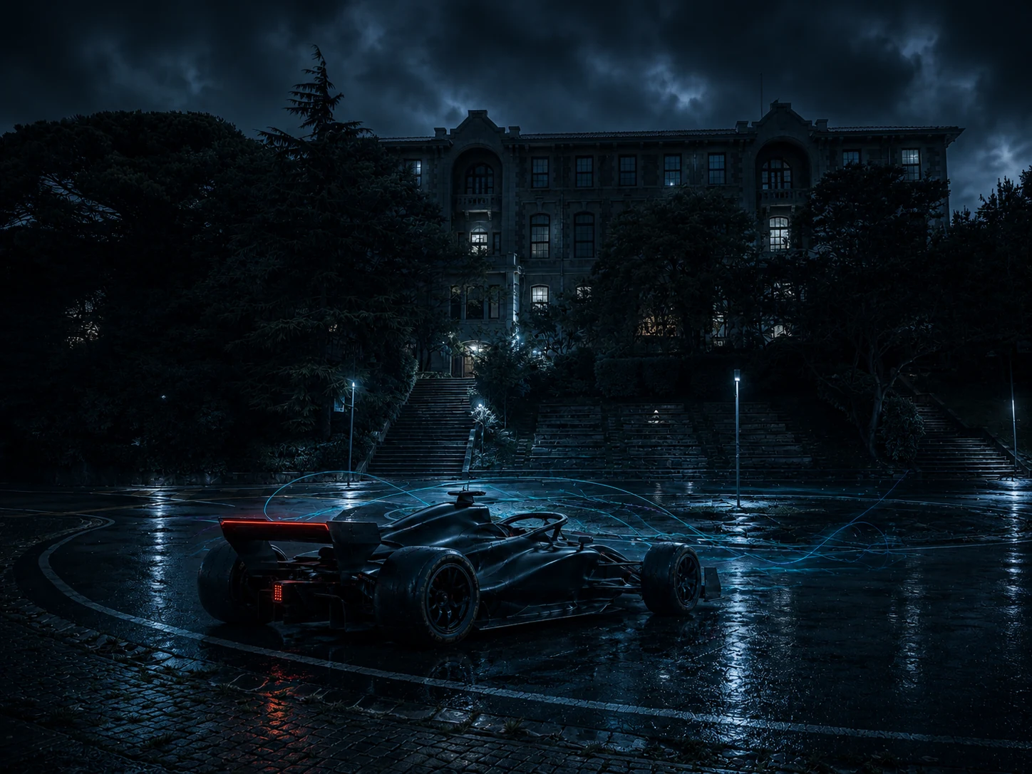 Pittsburgh Dynamics open-wheel vehicle outside a historic Istanbul campus building at night.