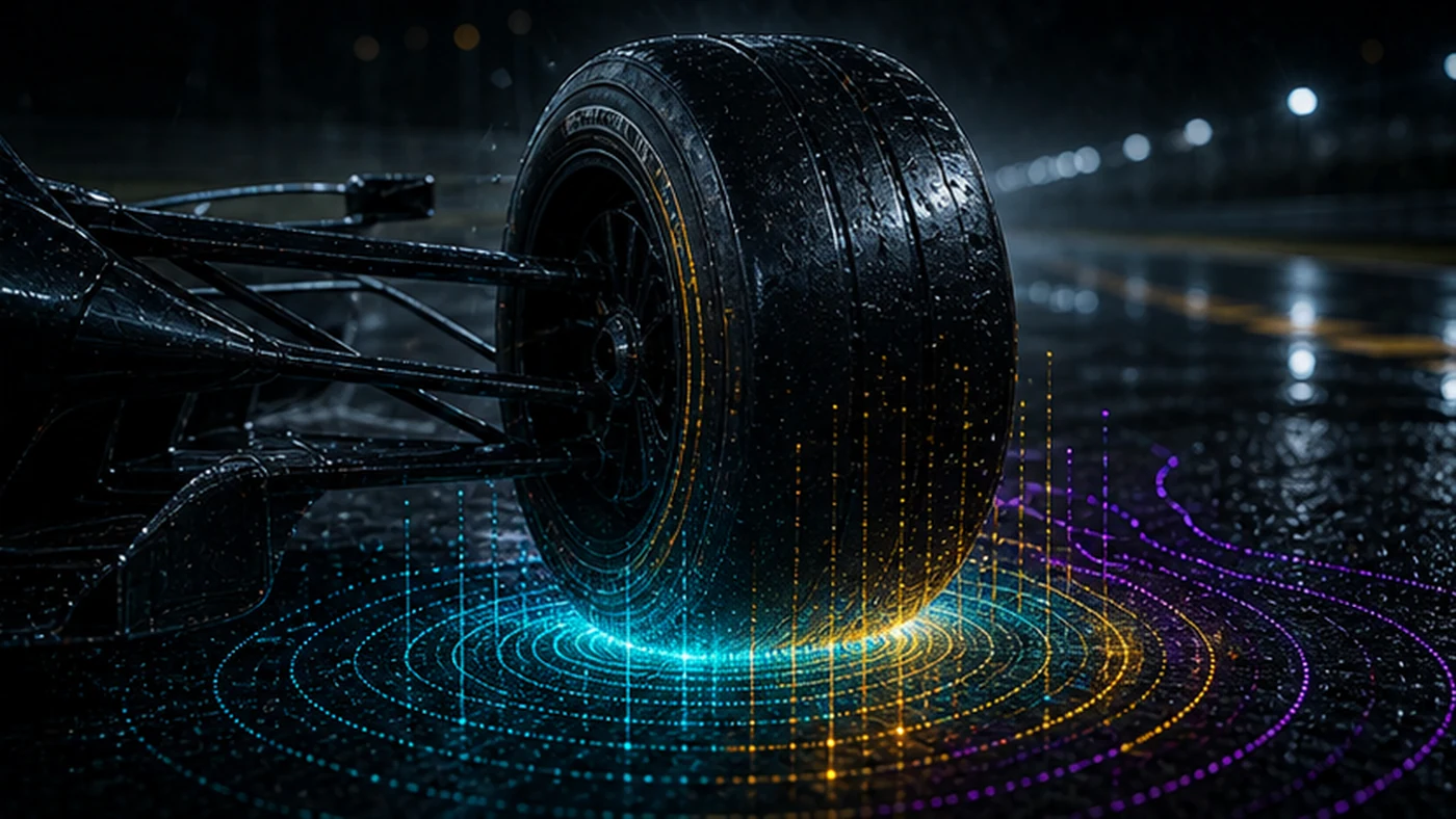 Open-wheel race tire and suspension with a glowing AI grip envelope at the contact patch.