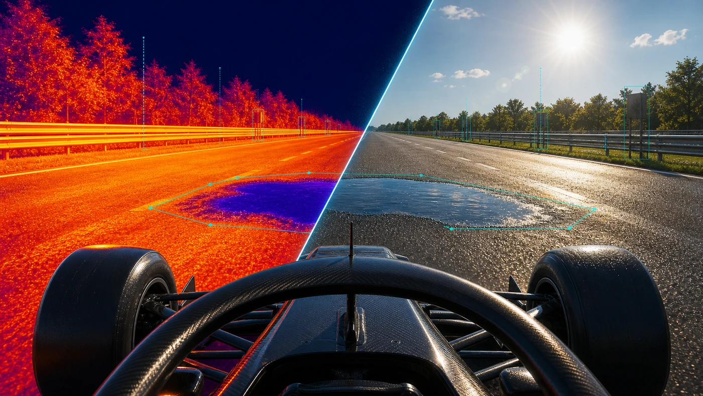 Open-wheel vehicle view with split thermal and visible camera sensing standing water on a hot sunlit road.