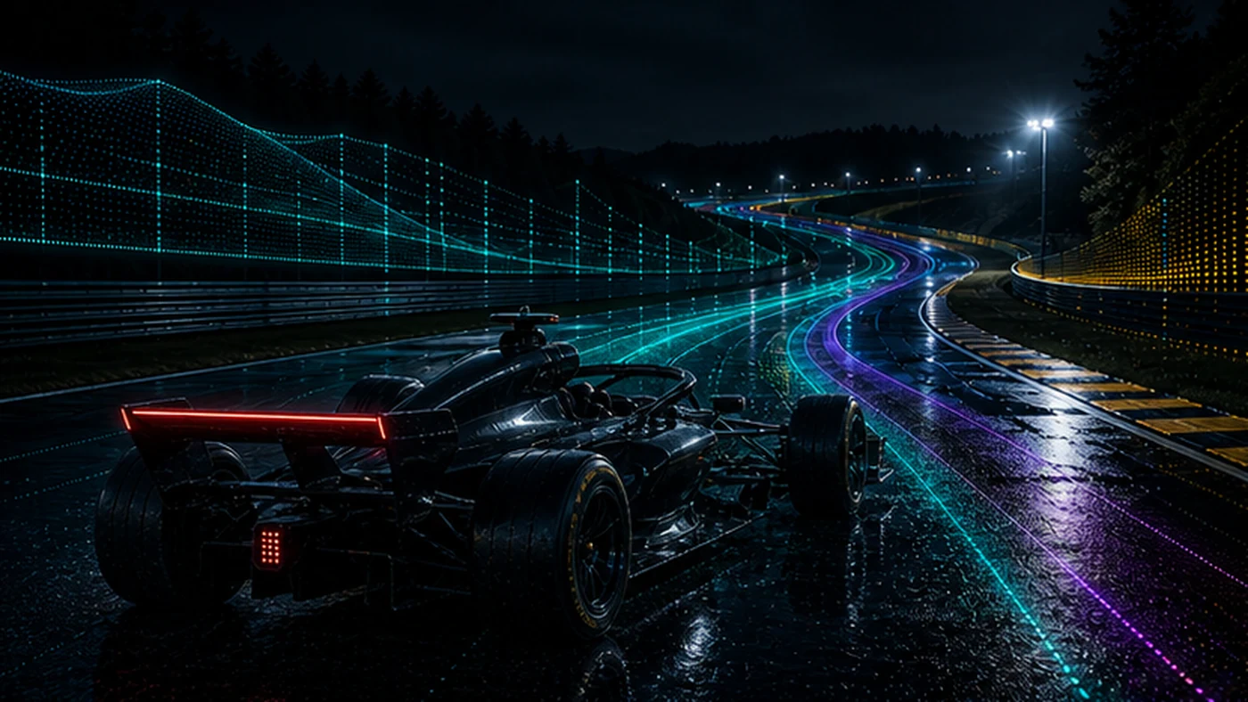 Open-wheel autonomous race vehicle using AI road sensing on a wet performance track.